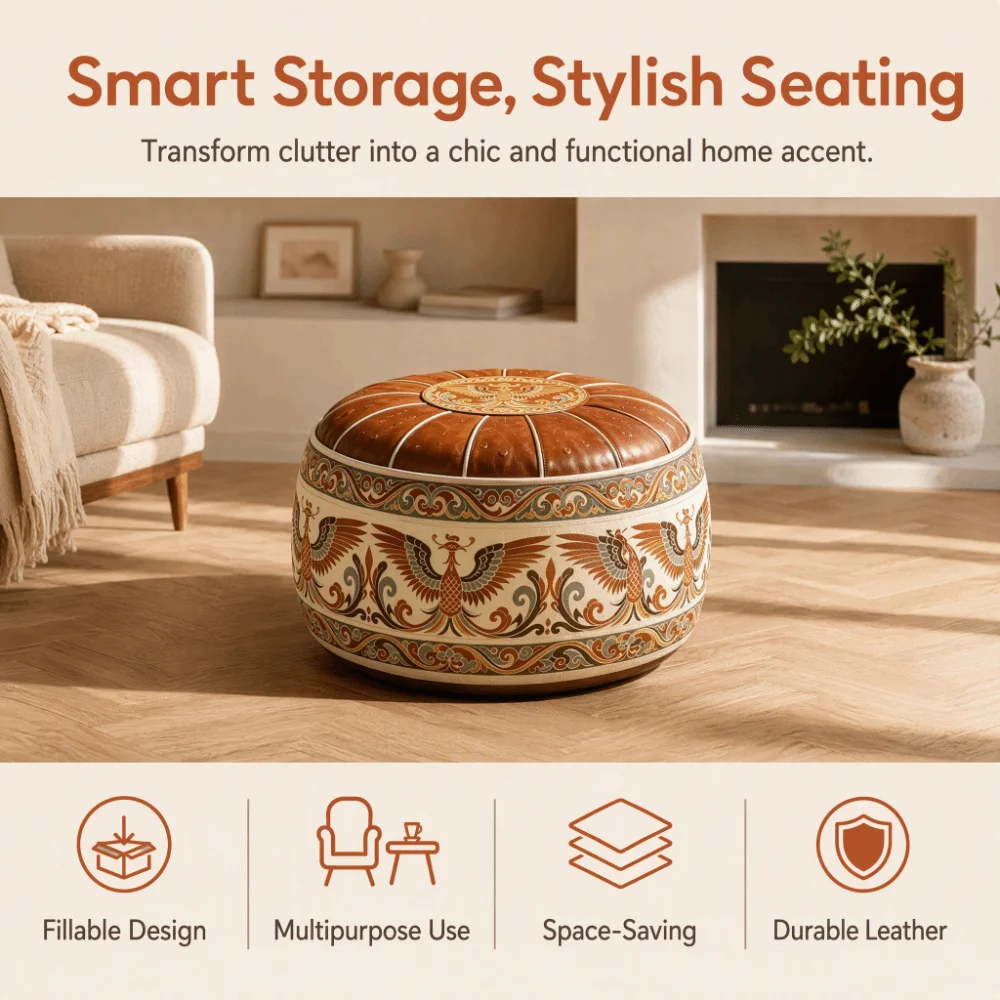 Retro Ethnic Style Sofa Stool Cover Phoenix Pattern PU Leather Round Footstool Cover Space Saving Foldable Storage Ottoman