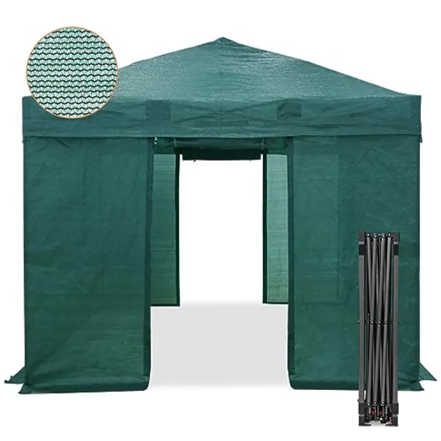 Portable 10x10 walk-in shade cloth greenhouse for gardening: green polyethylene mesh cover, roll-up doors, instant pop-up setup