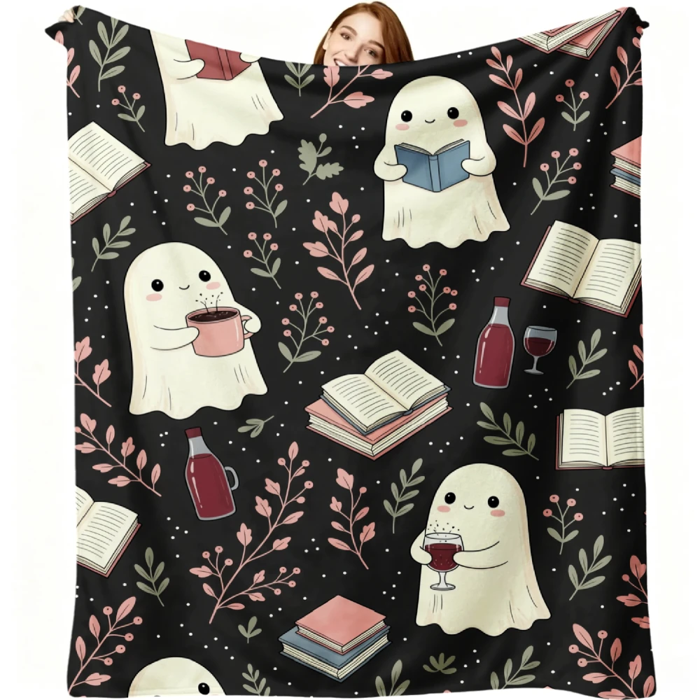1pc Cute Ghost Reading Books And Drinking Coffee Floral Pattern Flannel Blanket Soft Comfortable Warm Bed Cover for Autumn Winter Season Bedroom Living Room Sofa Halloween Thanksgiving Christmas Festival Gift