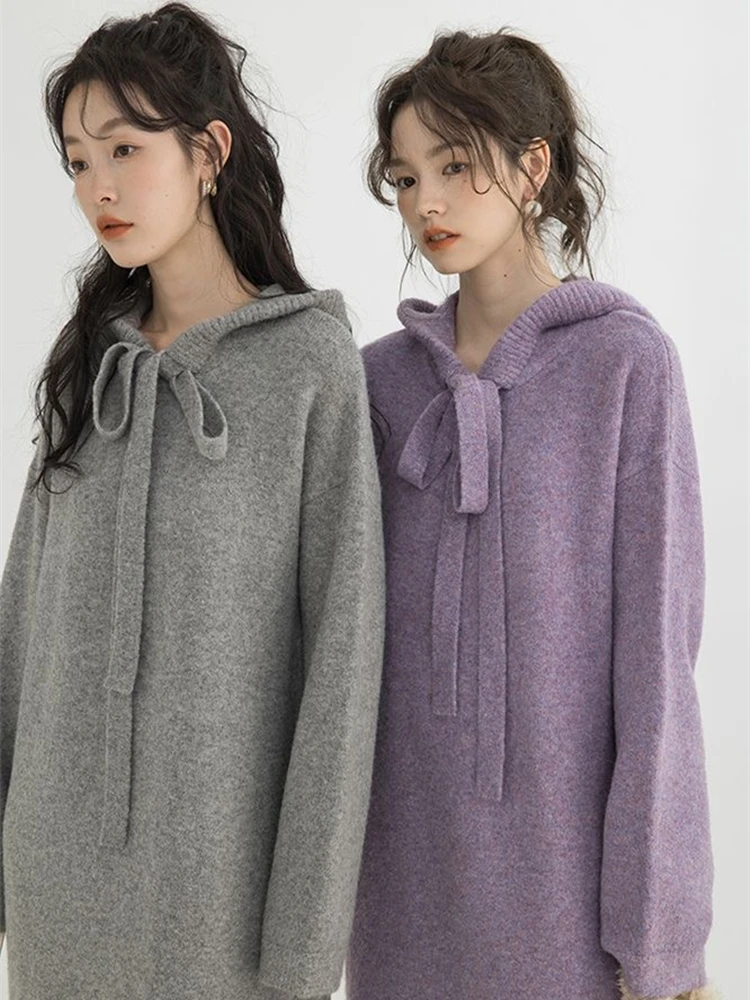 Long-sleeved Dress Autumn Winter Hooded Loose Knitting Sweater Women's Long Over-the-knee Knitted Dress Elegant Women's Sweater