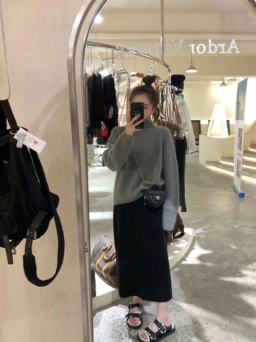 Women's Wool Knitted  Skirt High Waist Straight Cut Autumn Winter Long Skirt Elegant Simple Color High Quality Step Skirt