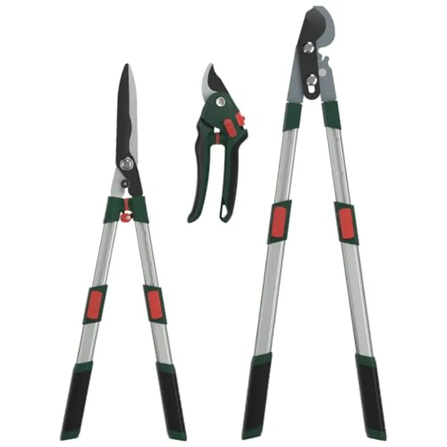 

3-Piece Garden Tool Set - Bypass Lopper Hedge Shears Pruning Shears with Telescopic Aluminum Handles Extendable Heavy-Duty Bran