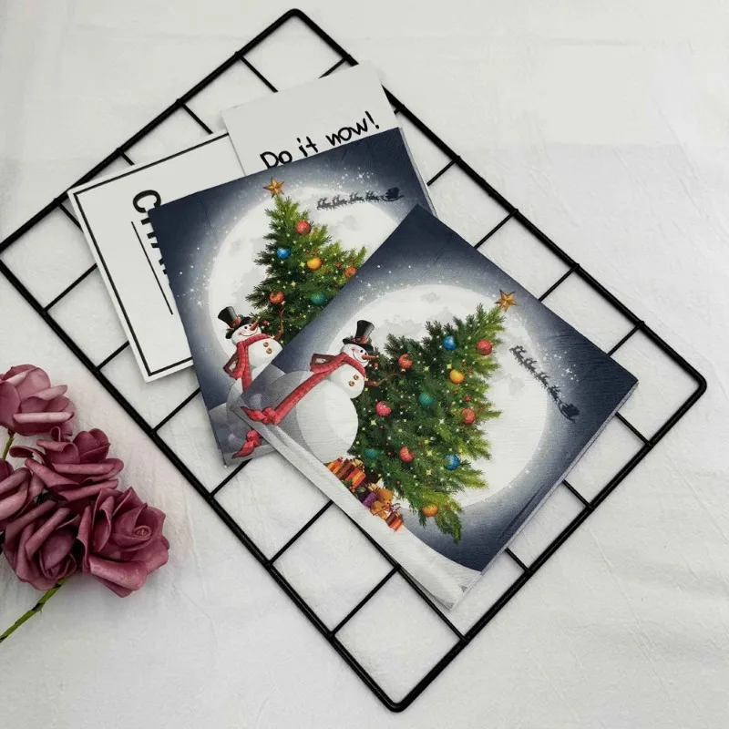 10/20p Christmas Party Decoration Paper Christmas Tree Snowman Printed Napkin Christmas Element Wine Glass Flower Paper Placemat