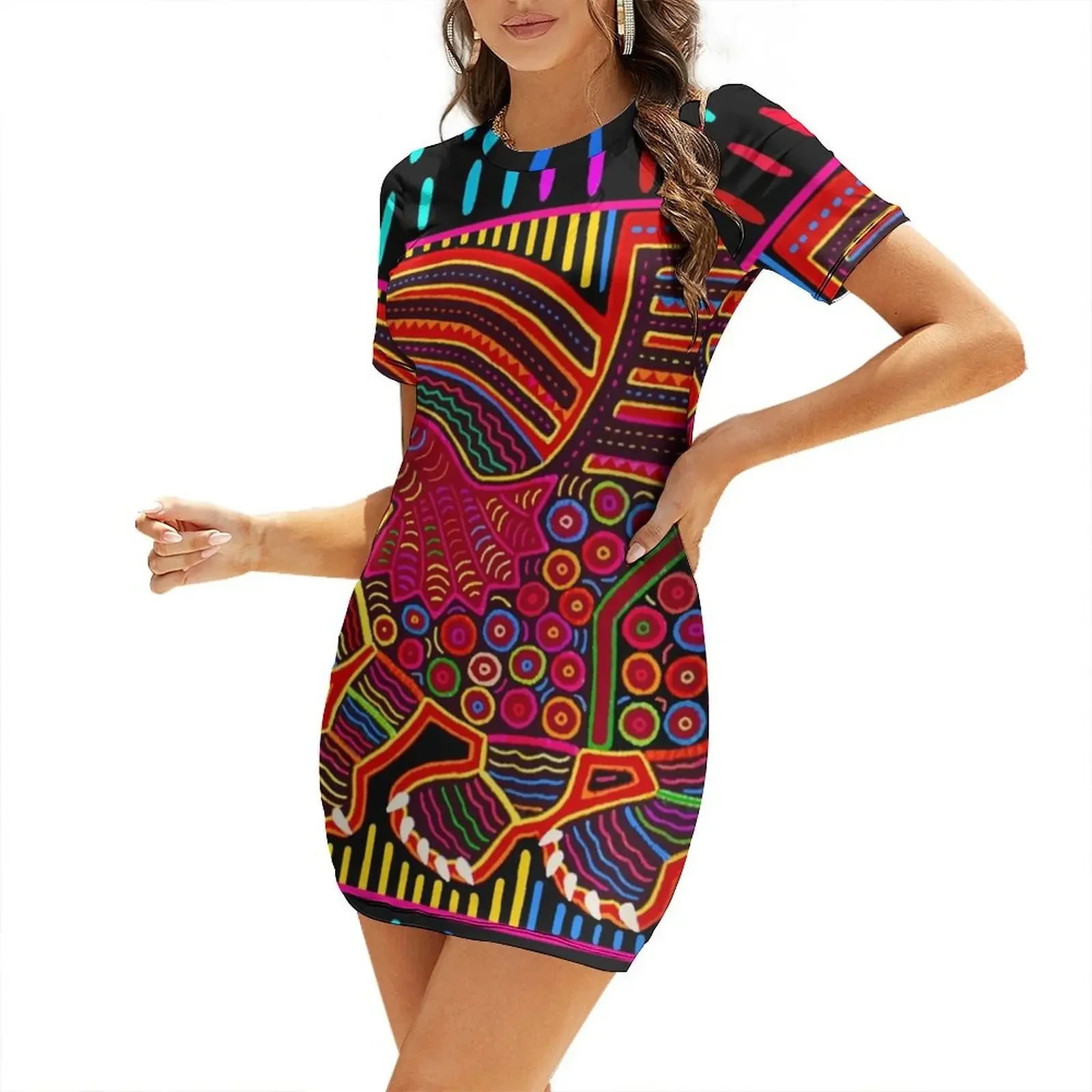 Vestido de Manga Curta Kuna Indian Friendly Dragon Mola, Vestido de Noite Feminino, Vestidos de Verão para Mulheres 2026