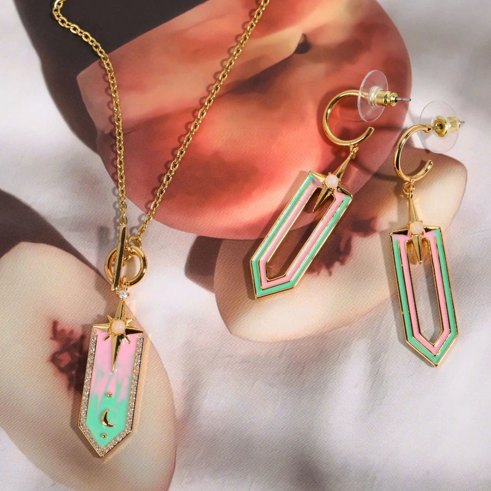 

Fashion OT Buckle Embedded Zircon Pendant Necklace Earrings Gradual Color Star Moon Women Necklace Earrings Jewelry Gift