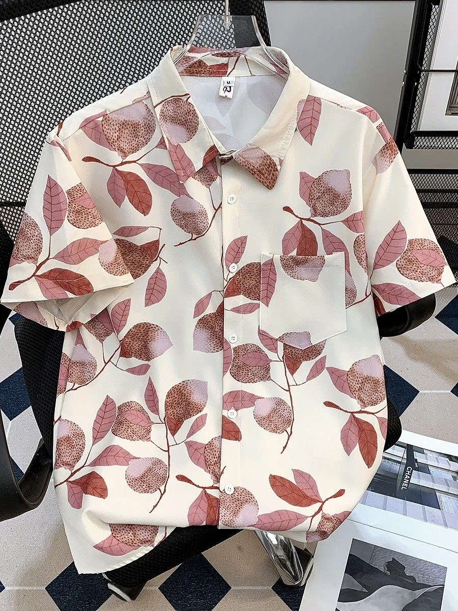 

Летняя мужская рубашка с принтом из ледяного шелка, с коротким рукавом, для пляжа, с охлаждающим эффектом, в гавайском стиле, свободного кроя, молодежный тренд