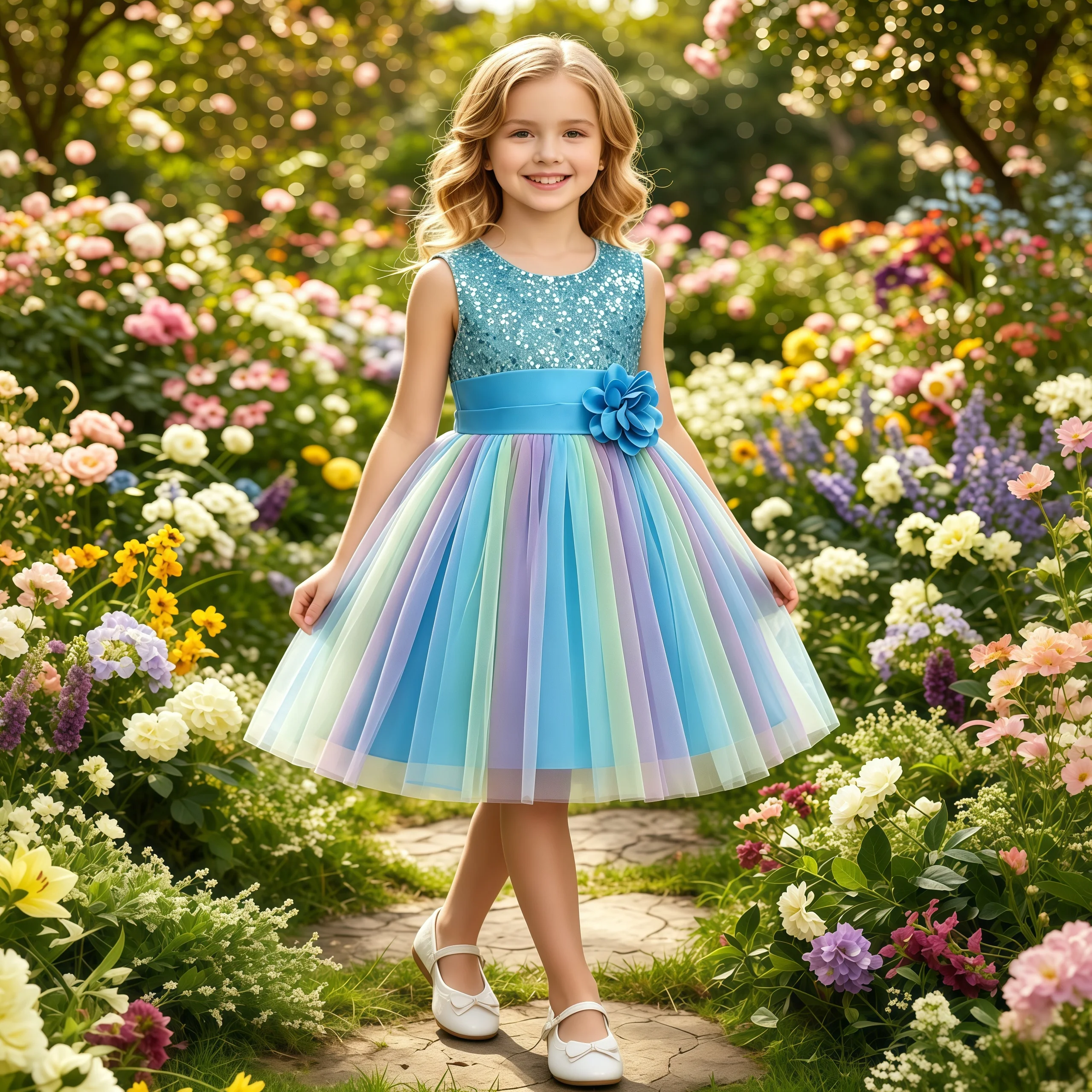 Children Girls Flower Sequins Rainbow Tulle Princess Dress For Kids Wedding Formal Evening Birthday Party Graduation Vestidos