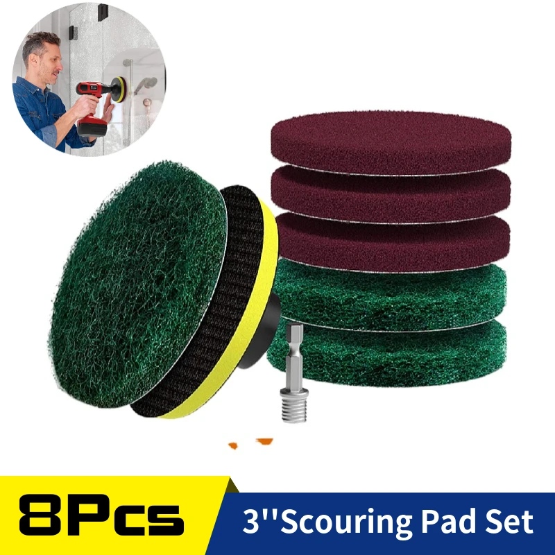 8Pcs Set 3 Inch Drill Power Scouring Pads Heavy Duty Tub and Tile Cleaner Household Cleaning Kit Includes Drill Attachment