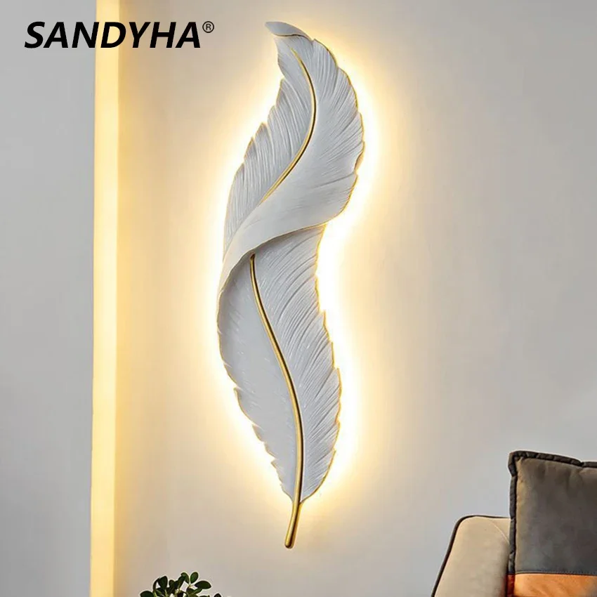 

SANDYHA Nordic Creative White Feather Wall Lamp Iron Art Led Bracket Light for Bedroom Living Dining Room Coffee Shop Home Decor