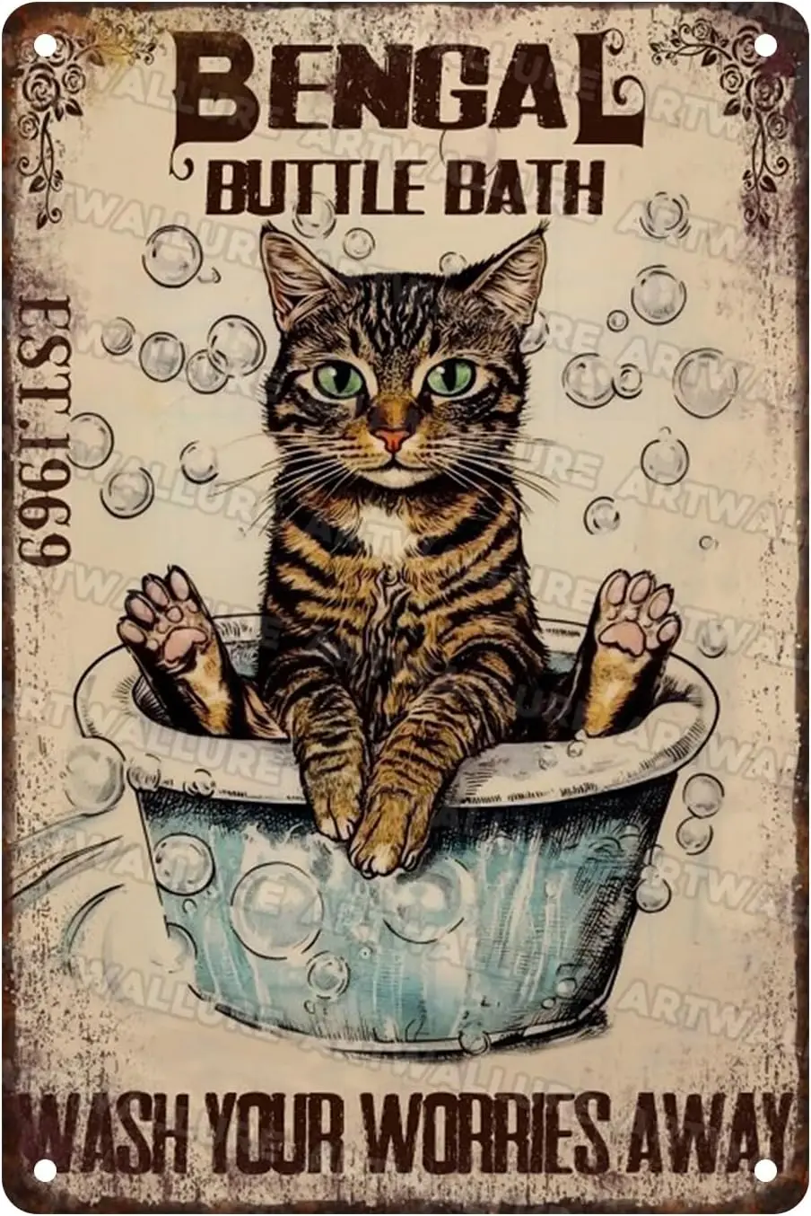 Bathtub Cat Vintage Tin Sign Bengal Cat Bubble Bath Soap Foam Poster Metal Sign for Toilet Cave Bar Home Bathroom Wall Decoratio