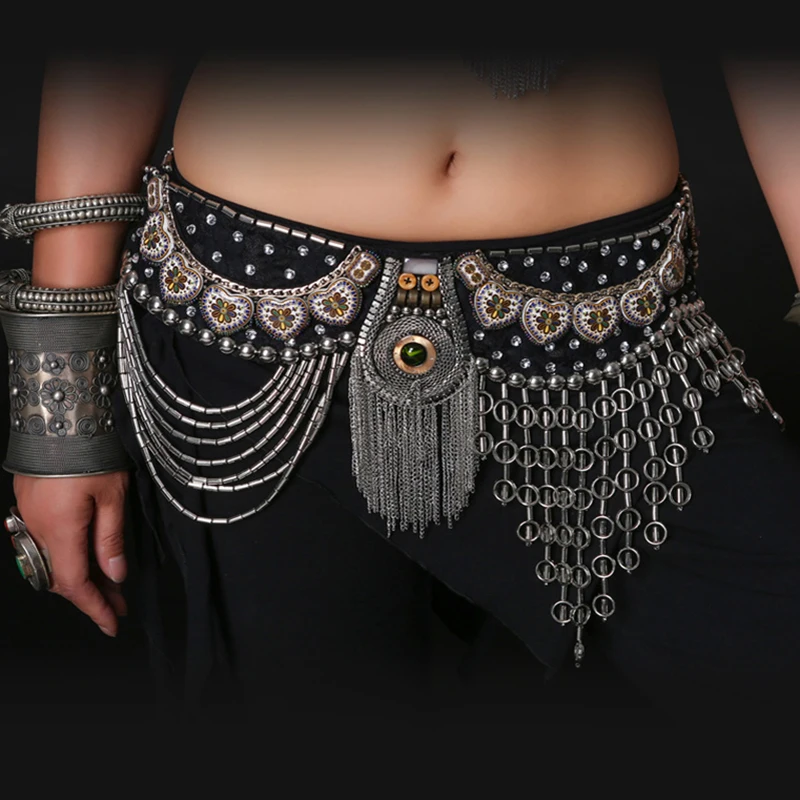 Professional Belly Dance Tribal Waist Belt 80/90cm Adjustable Fit Antique Bronze Beads Metal Chain Belt for Tribal Belly Dance