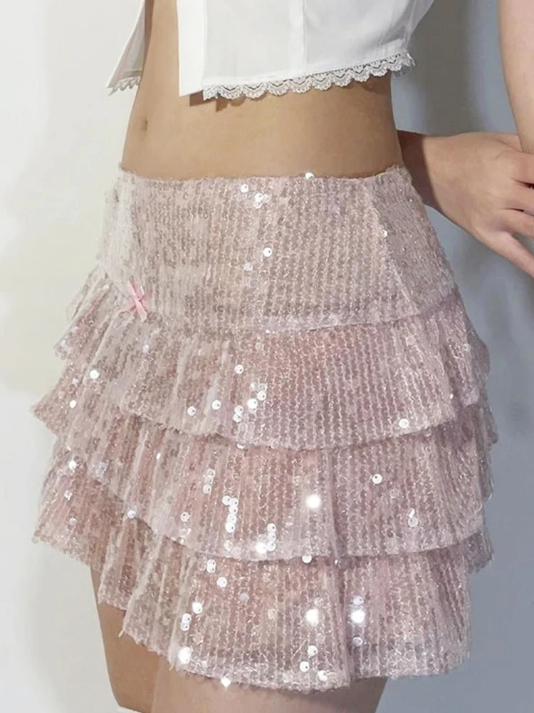 IAMSURE Sweet Cute Sparkle  Glitter A-Line Pleated Skirt Casual See Through High Waisted Mini Skirts Women 2023 Summer Fashion