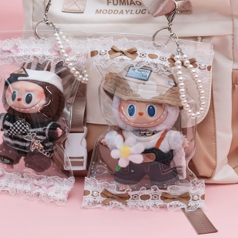 

Прозрачная сумка для хранения из ПВХ, водонепроницаемая переноска с кружевной отделкой, самозапечатывающийся дождевик для кукол, портативная витрина для виниловых кукол