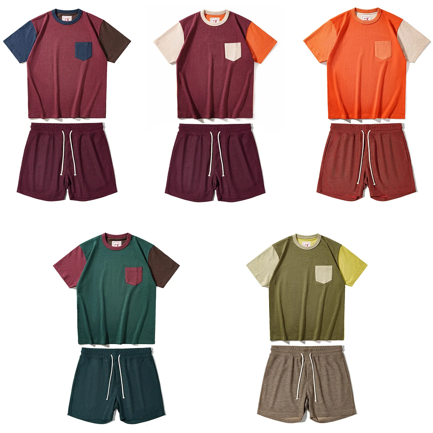 1Set Couple Outfit Summer Cotton Retro Block Pocket Tee Preppy Coarse Yarn Drawstring Loose Sports 5 Inch Casual Shorts Unisex