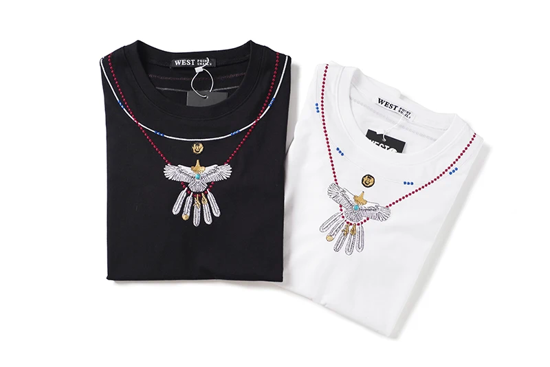 Pure Cotton Turquoise Tee with Eagle Embroidery: European and American Trendy Brand's Summer Couple T-Shirt