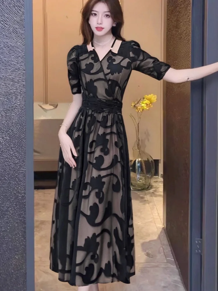 Burn-out flor preta renda dupla camada vestido oco halter gola quadrada manga bufante elegante festa vestido longo lindo feriado