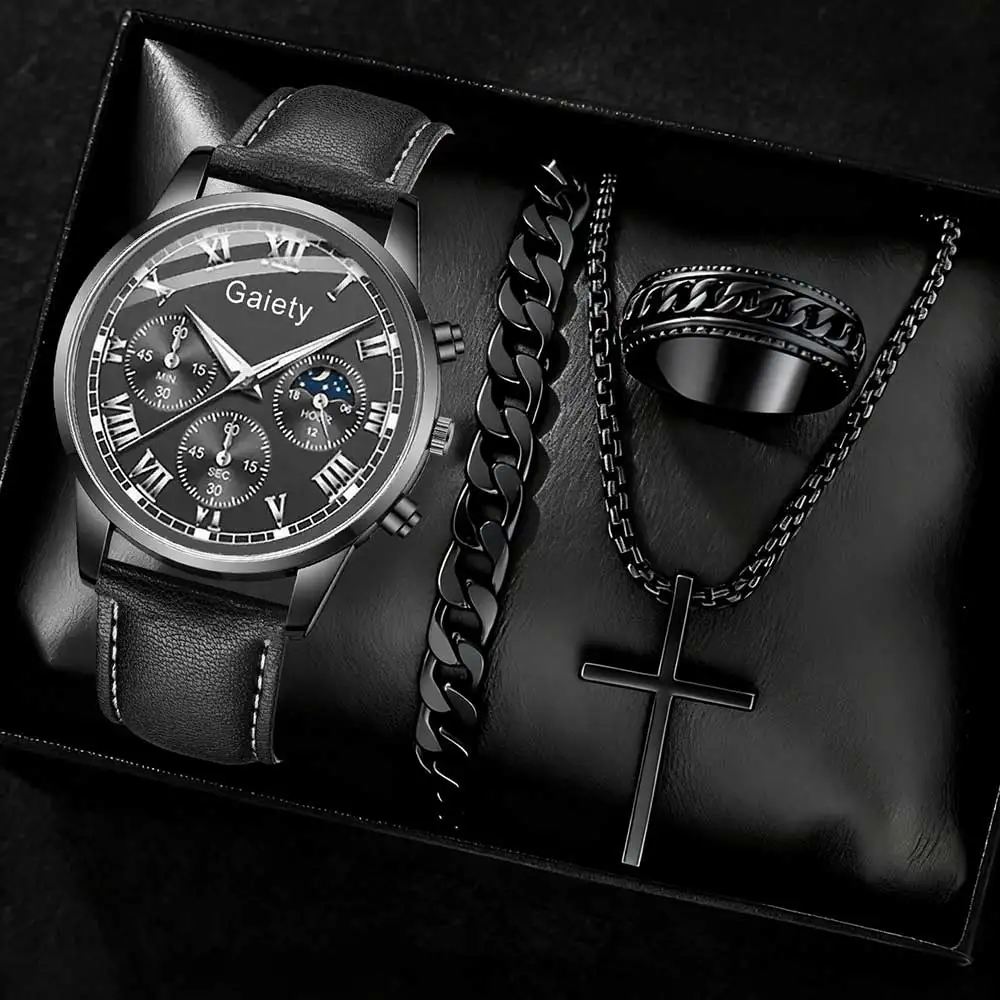 

4PC Black Men's Watch Set Trendy Fashion Roman Digital Scale Dial Quartz Watch Bracelet Necklace Ring Set Perfect Gift
