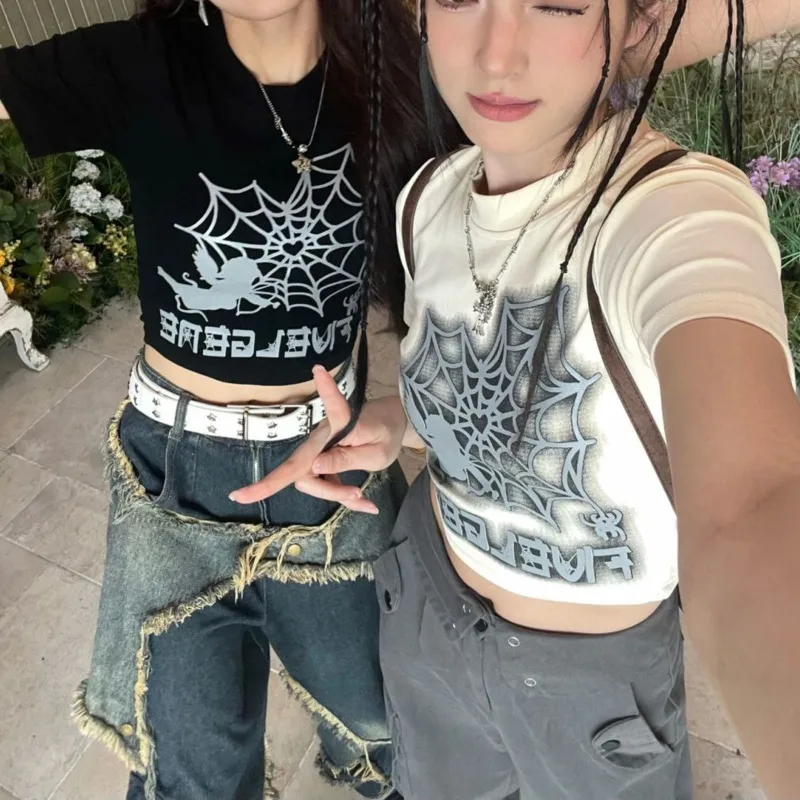 Top corto de algodón con estampado de araña Punk gótico para mujer, camiseta de manga corta de calle alta americana, camiseta de gran tamaño para niña y pareja