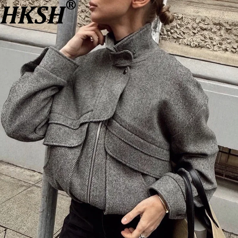 

HKSH осенне-зимняя новая женская куртка нишевого дизайна с карманом на молнии в елочку, элегантное темпераментное стильное повседневное короткое пальто HK11221