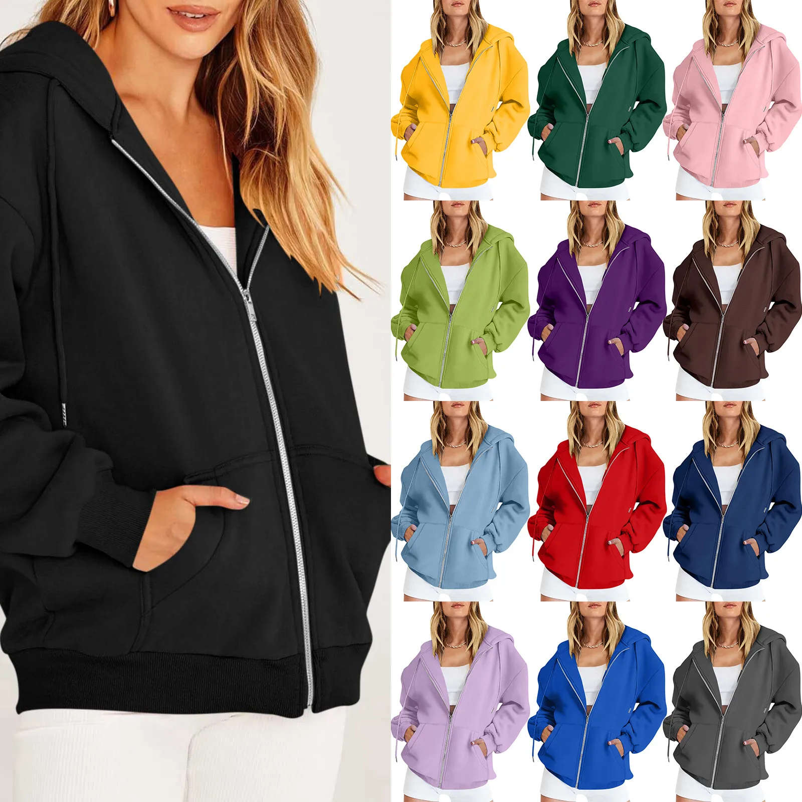 Autumn Fleece Hoodie Solid Color Hooded Korean Fashion Sweatshirts Long Sleeve Top Drawstring Pockets Loose Zipper Black Hoodies