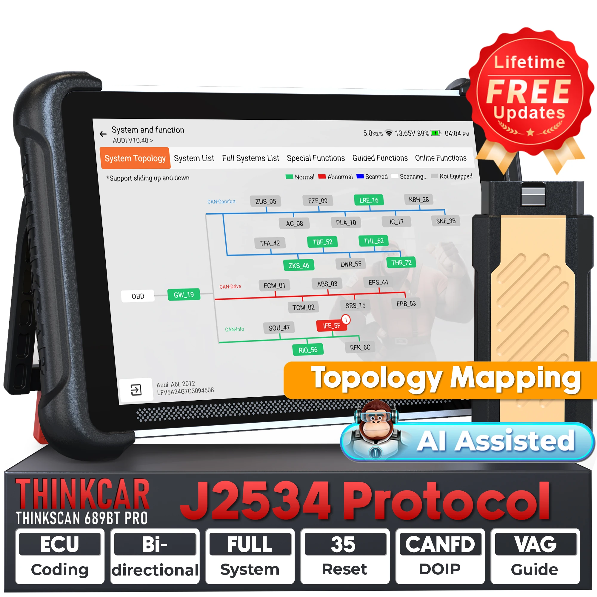 Lifetime Free Update THINKSCAN 689BT PRO OBD2 Diagnostic Topology Map ECU Coding Bi-directional 35 Resets J2534 CANFD DOIP