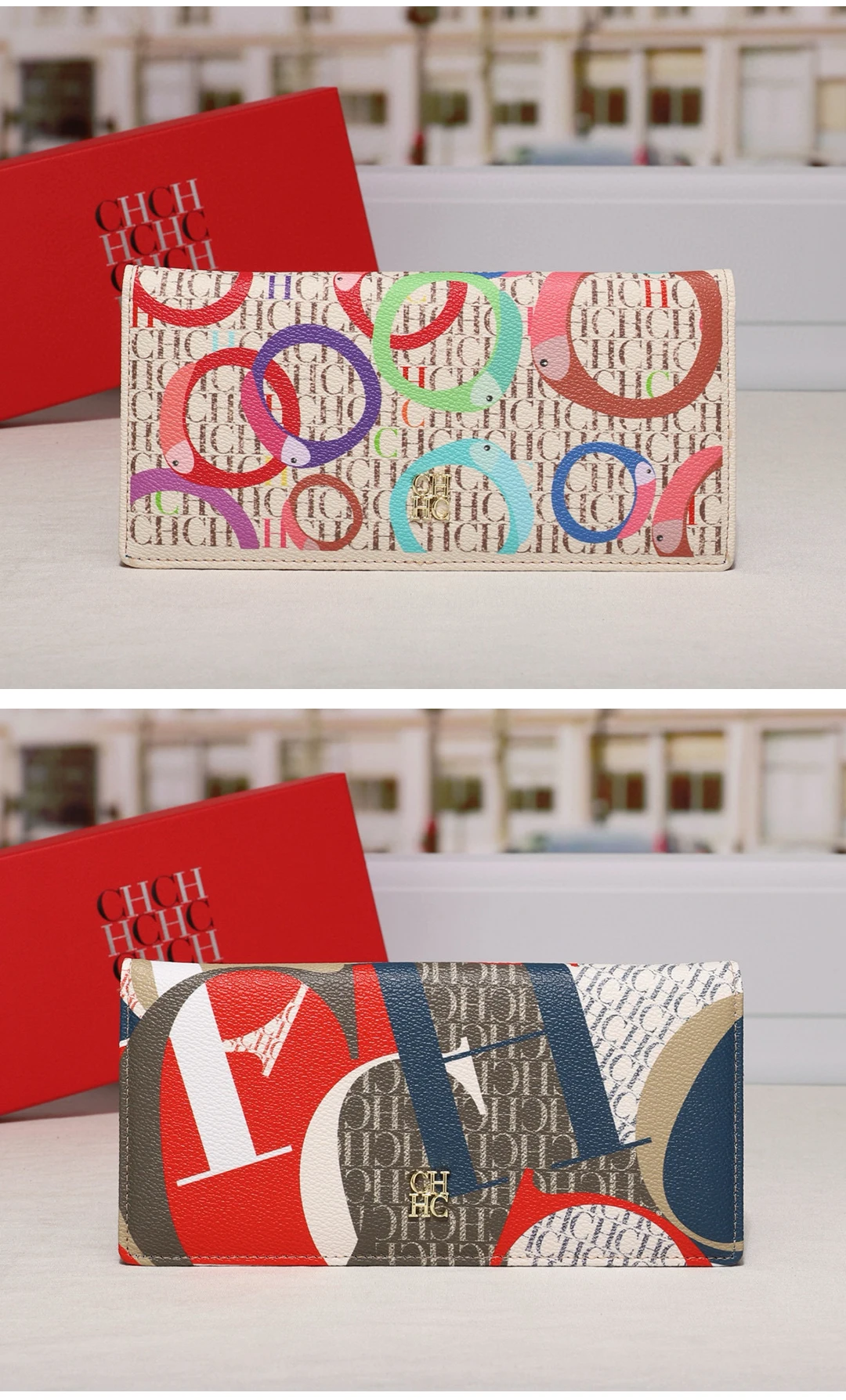 CH Damen Alltags-Geldbörse, bunt, Monogramm, Gold-Logo, mehrere Kartenfächer, Reißverschluss-Münzfach, Druckknopfverschluss, All-Match-Geldbörse – Detail 7