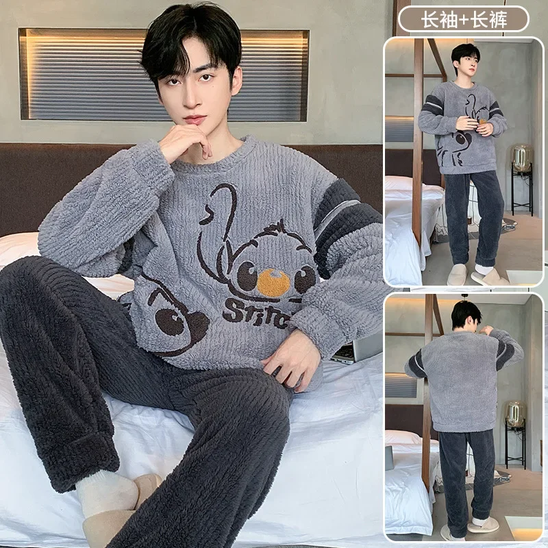 Fashion Cute Design Pajamas Suit Men Autumn Winter Coral Fleece Thickened Warm Soft Male Fleece Thermal Youth Homewear Set