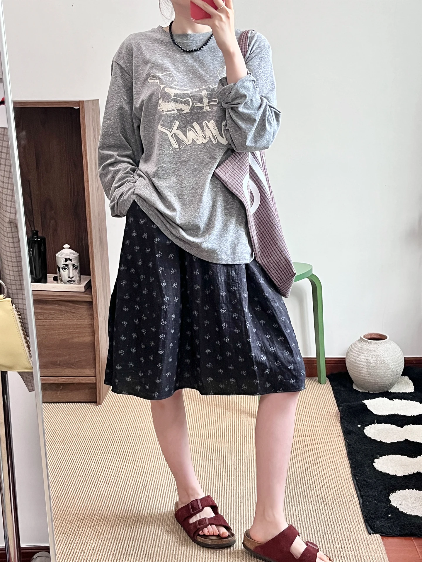 Falda Vintage Wini con Estampado Floral, Informal, para Salidas de Verano, Corte en A, Media Falda, Algodón, Cintura Alta, Ajuste Holgado, para Mujer