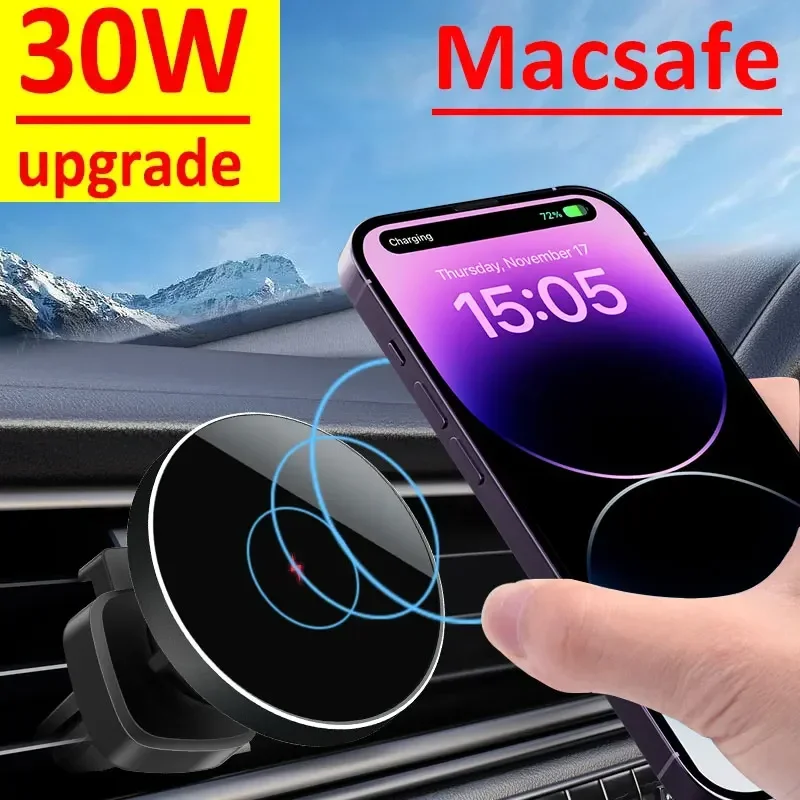 30W Magnetic Car Wireless Charger Phone Holder Stand For iPhone 15 14 13 12 Pro Max Samsung Car Mount Fast Charging Dock Station