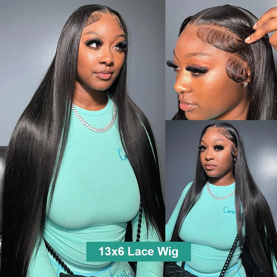 Perruque Lace Front Wig sans colle naturelle lisse, cheveux humains, pre-plucked, avec baby hair, 13x4, 13x6, HD, 30 40 pouces, pour femmes