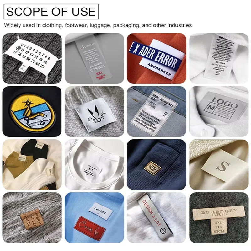 50 قطعة من ملصقات الملابس الساتان المخصصة - علامة محتوى الرعاية، 100% بوليستر، أسود/أبيض، مقاسات متعددة، ملصق قماش الخياطة OEM