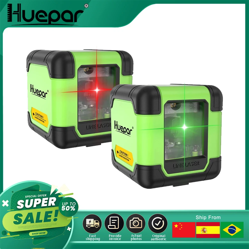 Huepar-nível Laser Profissional Linhas Linha Cruzada Horizontal e Vertical Feixe Verde e Vermelho Ferramenta Laser de um Botão