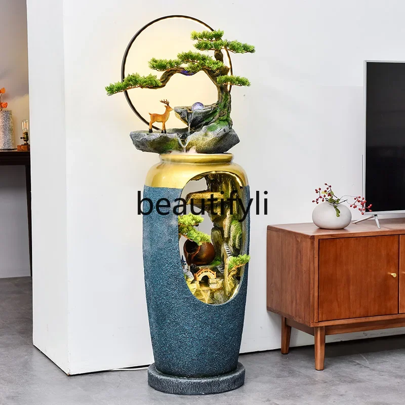 New Chinese-style floor-to-ceiling rockery flowing water large vase living room office circulating water ornament