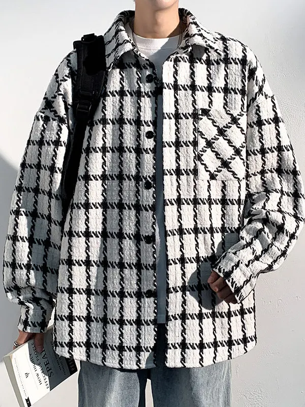 Heavyweight Plaid Jacket Men's Autumn Winter Casual Notch Collar Tweed Shirt American Style Outerwear Youth Fashion Loose Fit
