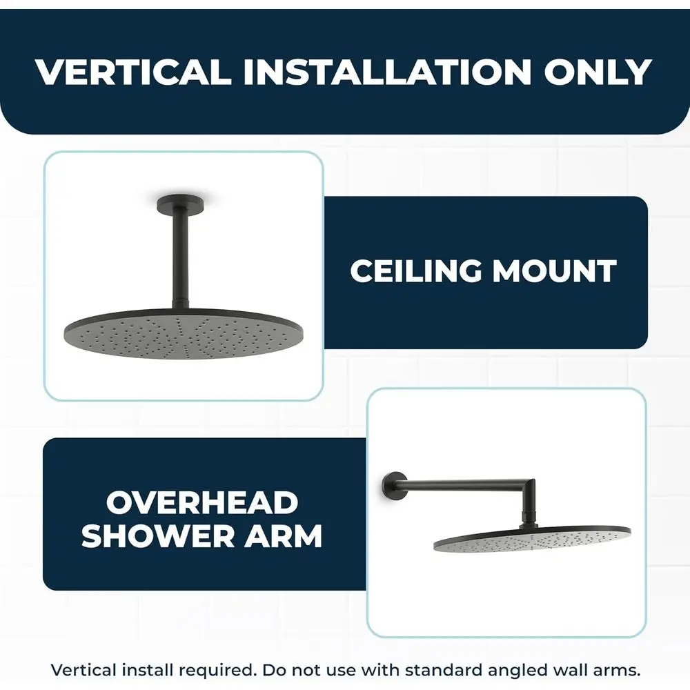 رأس دش عالي التدفق من المعدن الصلب مقاس 12 بوصة، مناسب للضغط، أسود غير لامع، حامل على الحائط أو السقف