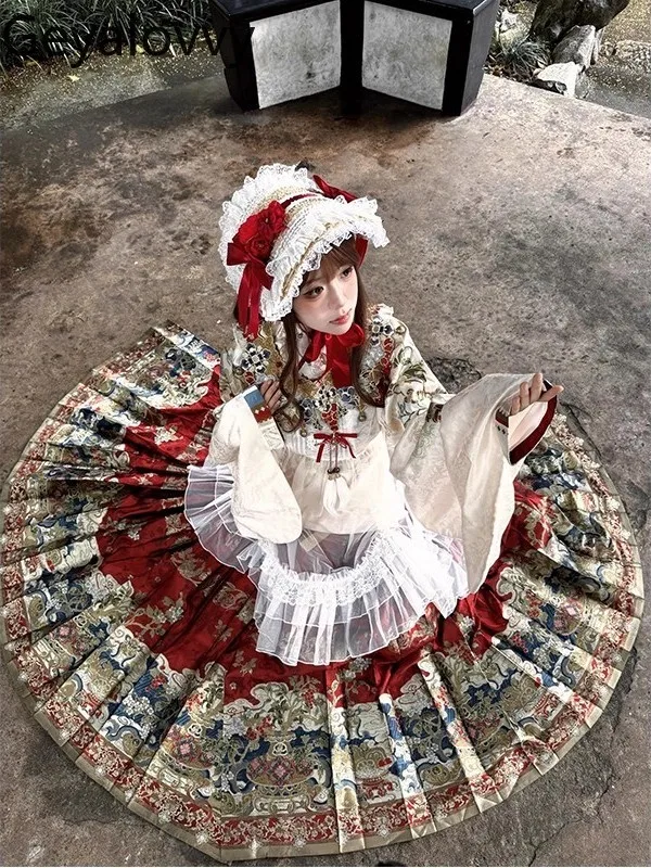 Trajes de estilo chino Otoño Invierno Arco diario Top rojo y falda larga estampada de cintura alta conjunto versátil de Lolita dulce para niñas