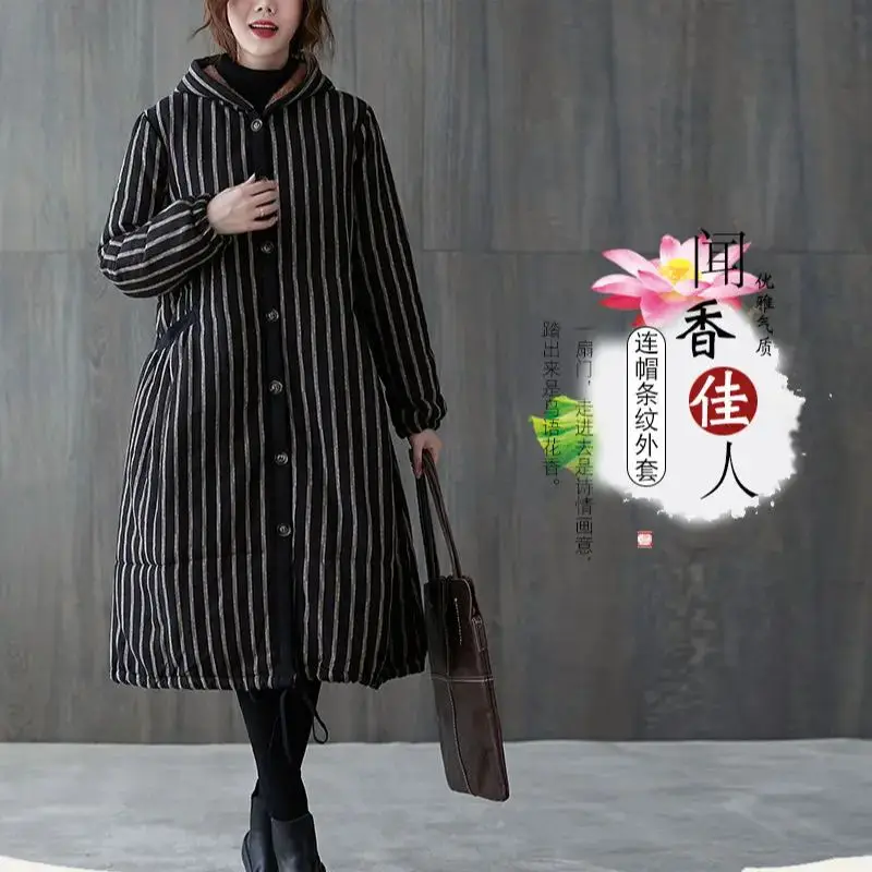 Retro Vertical Stripe Cotton Coat for Women's 2024 Winter New Loose Mid Length Knee Over Mother's Wear Plush Cotton Coat Coat B4