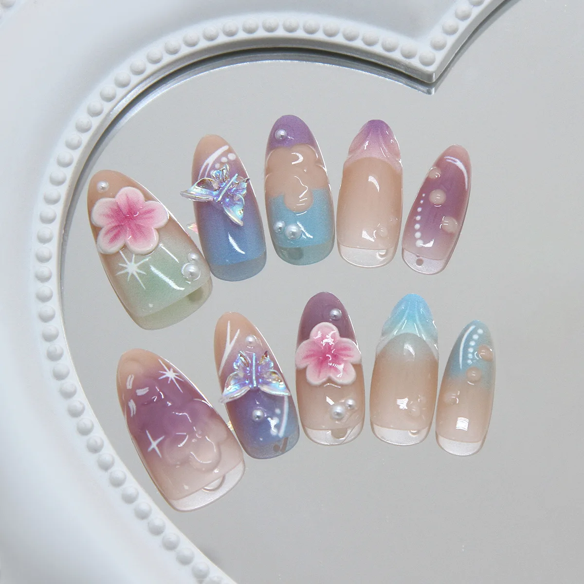 

24pcs French Gradient Almond Press on Nails Pink Flower Pattern False Nails 3D Butterfly Wearable Stick-on Nails Fake Nail Uñas
