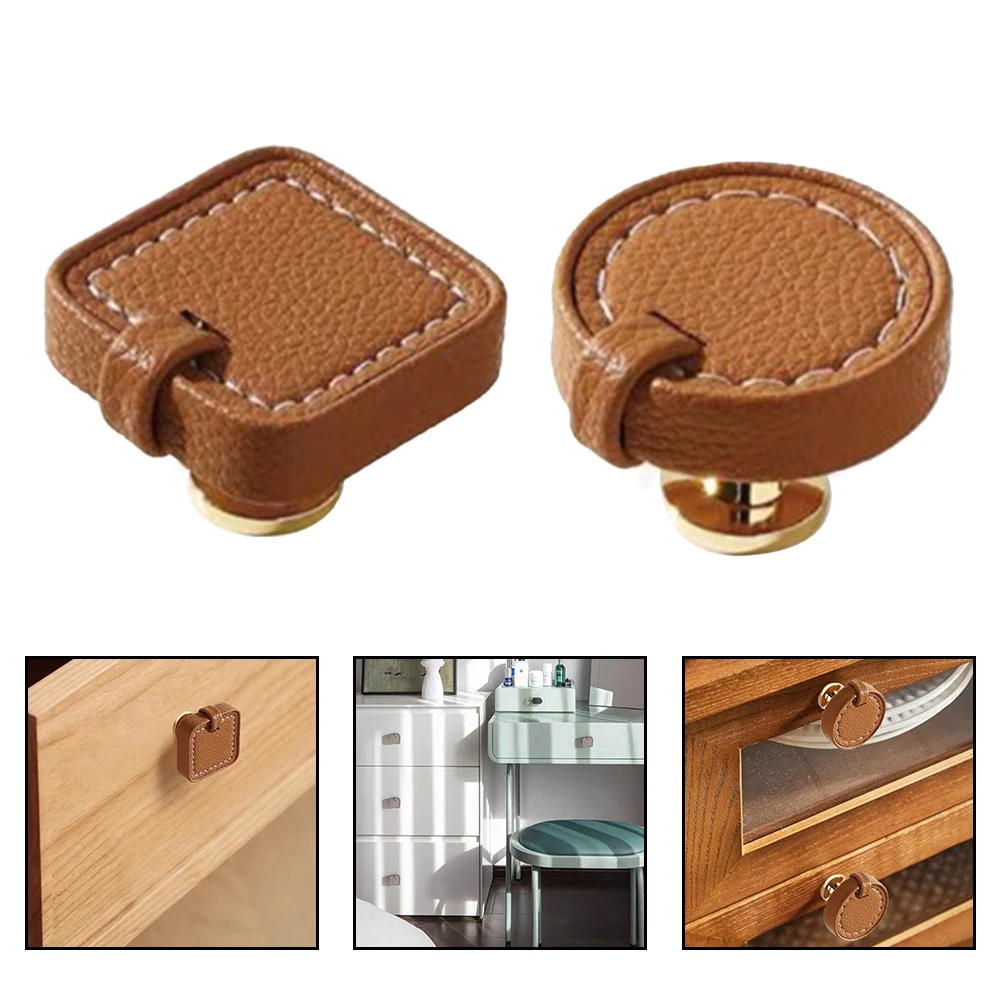 5 Pack Brown Leather Drawer Pulls Round Leather Handles Cabinet Knobs Shoe Cabinet Handles Furniture Accessories