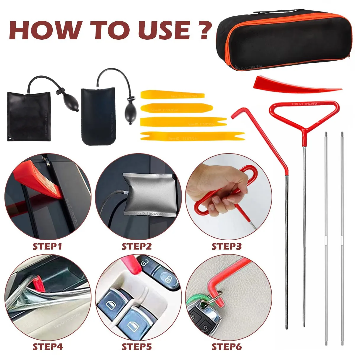 Car Tool Car Window Door Key Anti Lost Kit Inflatable Air Pump Air Wedge Non Marring Wedge with Long Reach Grabber for Car Truck