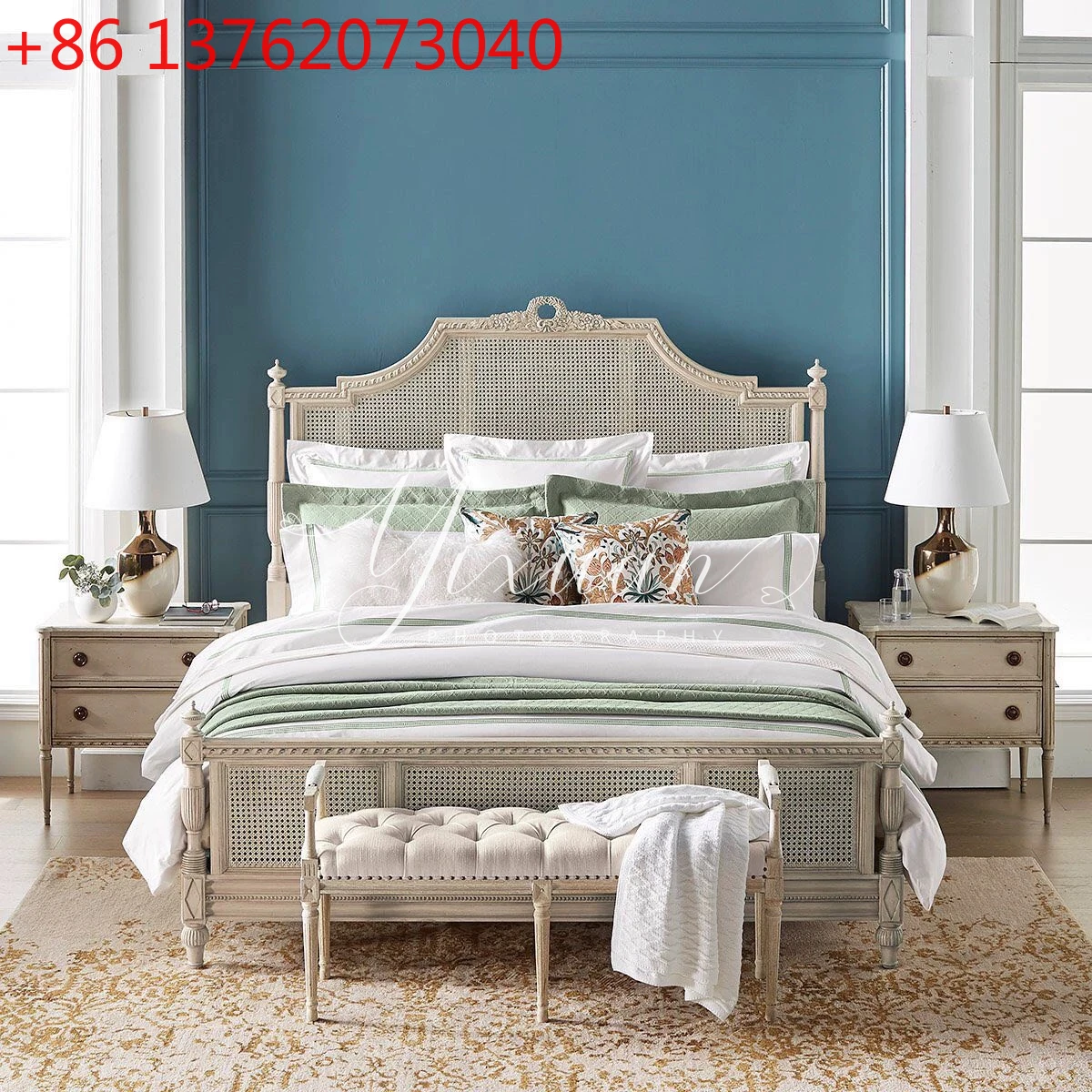 

Американская ретро-кровать из цельного дерева, резная кровать 1,8 метра в главной спальне, современная простая кровать из ротанга