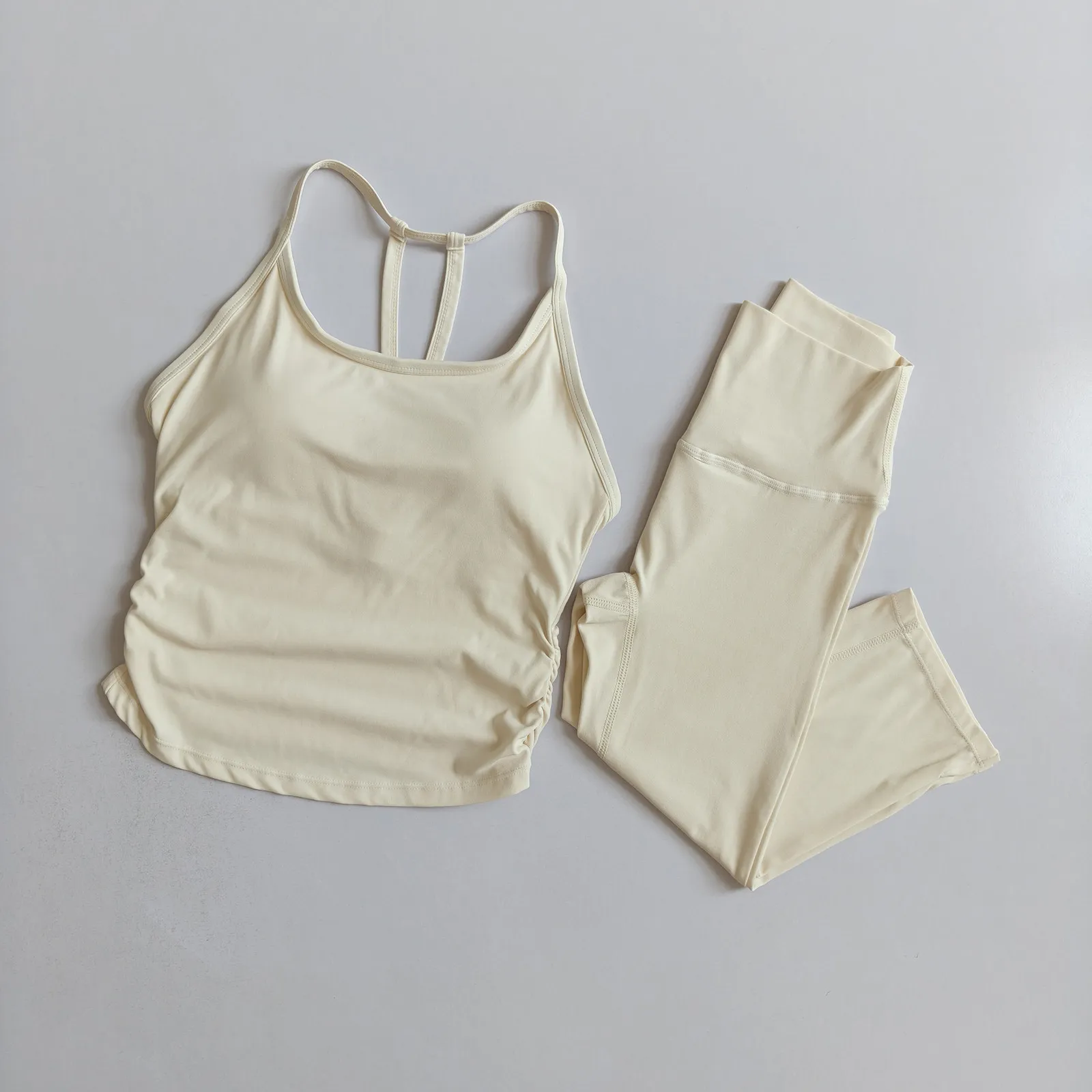 Women Two Piece Nude Yoga Set High Waist Cinching Cropped Gathered Pants Back Cutout Pilates Sports Bra