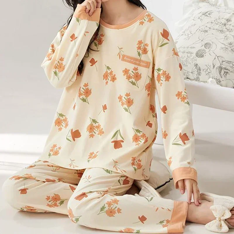 Spring Autumn Women Clothing Cotton Long Sleeves Sleepwear Casual Woman Full Pajamas Sets Pullover Loungewear 2 Pieces Homewear image 4