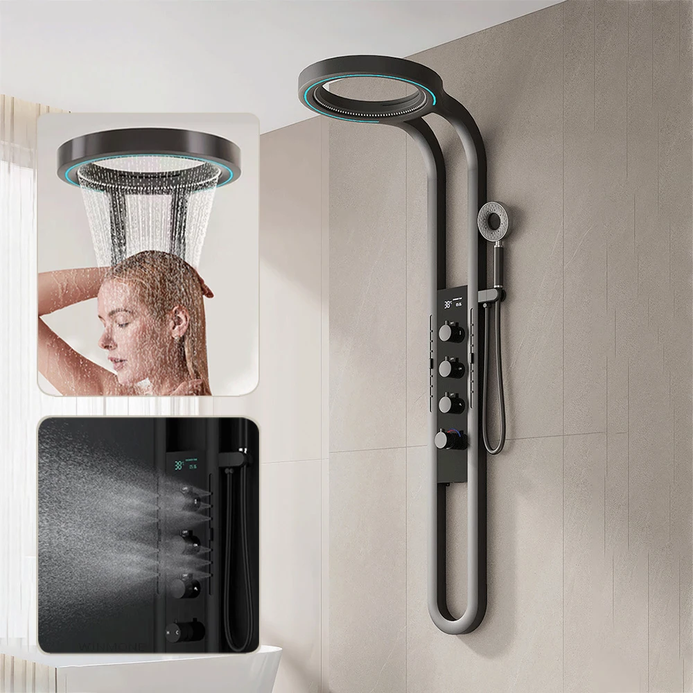 

Modern High End Rainfall Shower Panel SPA Massage Jet Waterfall Showers Column Taps Set LED Display Smart Bathroom Shower System