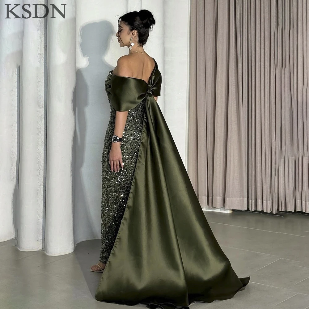 KSDN mode robes de soirée de luxe chapelle Train col carré manches courtes paillettes robes occasion spéciale robe élégante