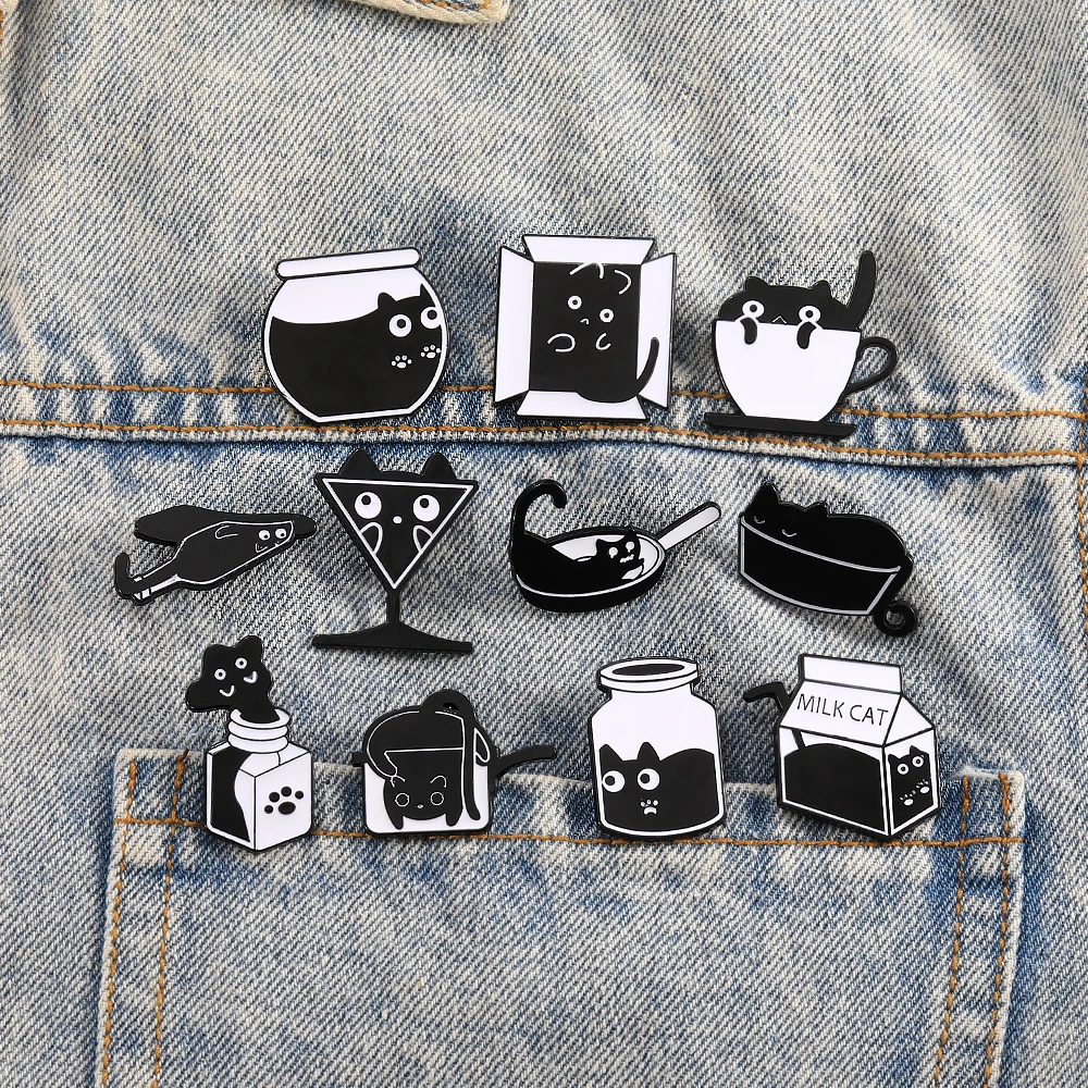 11 Styles Pure Black Funny Container Cat Brooches Cartoon Cute Kitten Kitty In Cup Bottle Milk Box Goblet Ink Jar Enamel Pins
