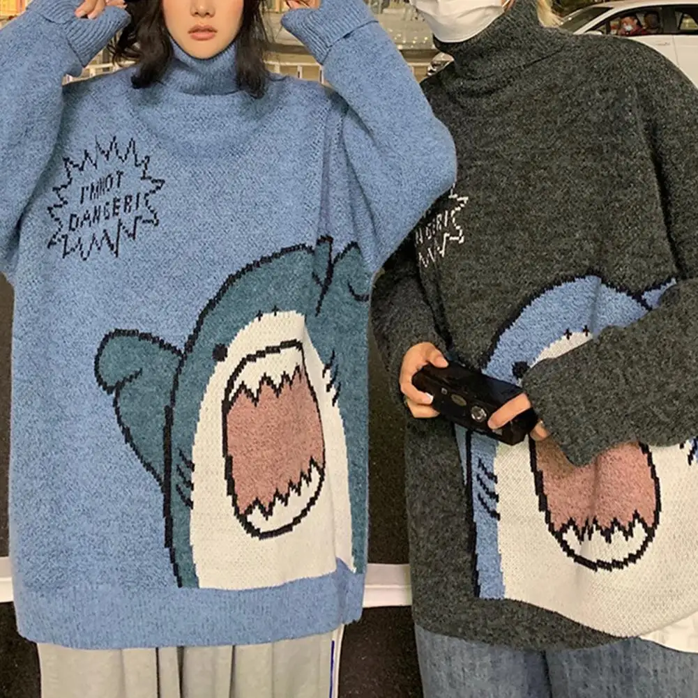 Trendy Winter Sweater Loose Men Winter Sweater High Collar Elastic Cartoon Shark Print Men Winter Sweater  Thermal