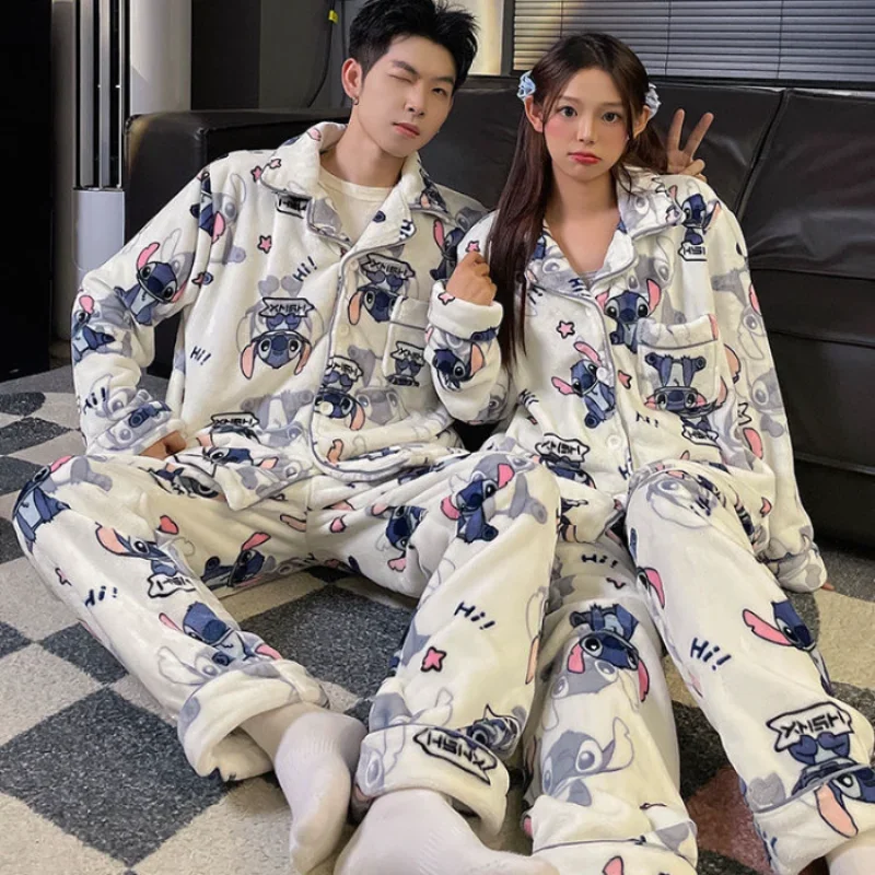 Cartoon Disney couple pajamas winter coral fleece new warm men\'s/women\'s two-piece suit loungewear Stitch women\'s pajamas