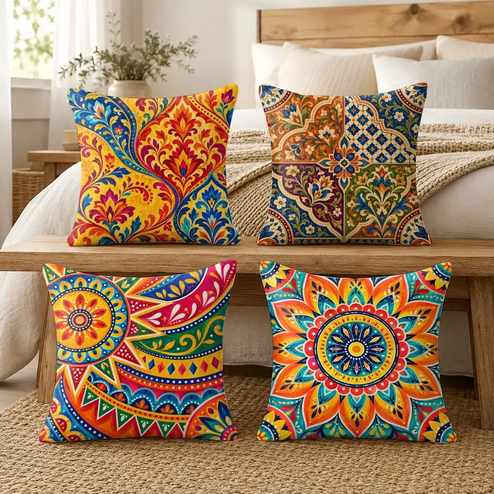 Mexican Talavera Tile Colorful Mandala Cushion Cover Soft Pillow Cases Hidden Zipper Cutecore Sofa Bedroom Home Decor Gift