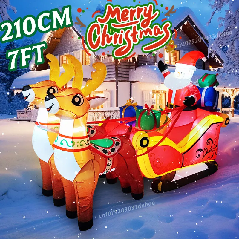 2.1M Christmas Inflatables Decoration Santa Claus Riding Sled Reindeer Inflatables Indoor Outdoor Decoration Garden Party Decor